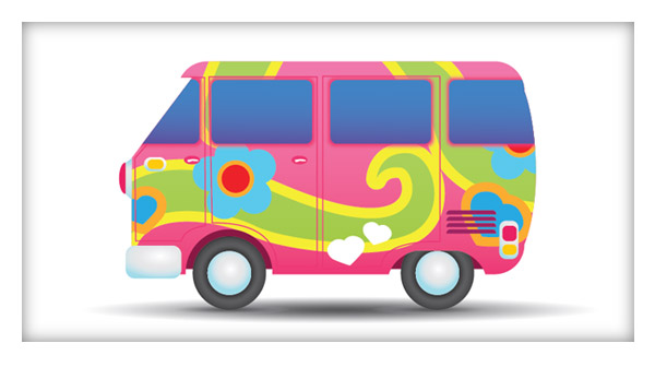 How to illustrate a colorful hippie peace van