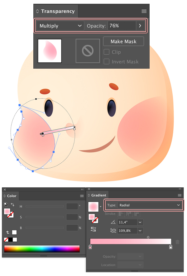 use radial gradient and multiply to adjust blush